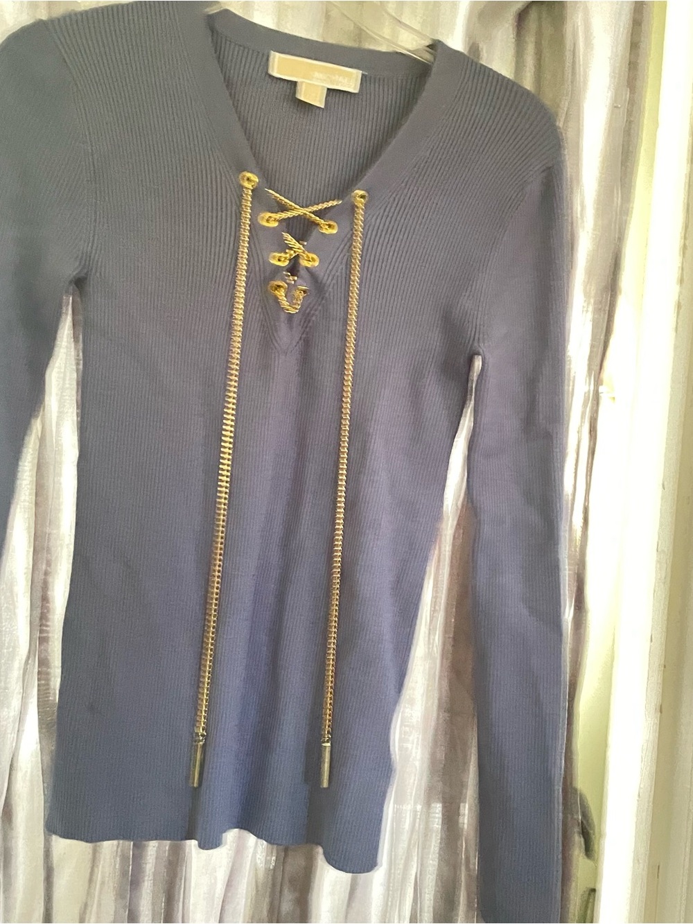 Long Sleeve Lace-Up Ribbed Knit Dress in Navy with Gold Accents